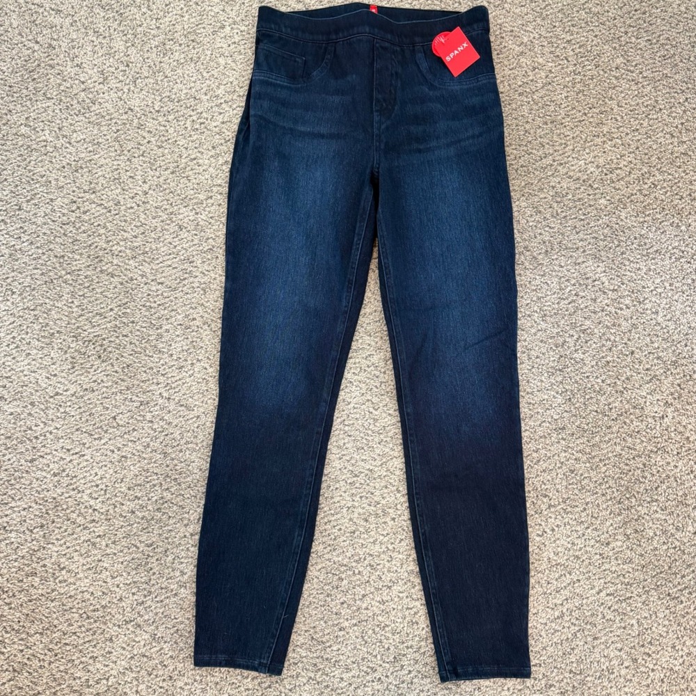 Spanx Womens High Rise Denim Leggings Dark Wash Blue Jeggings Size Medium NEW